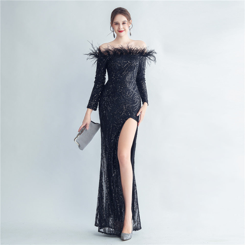 High Density Ostrich Hair Sequin Off Shoulder Fishtail Evening Dress - View 2 | VelvetHem