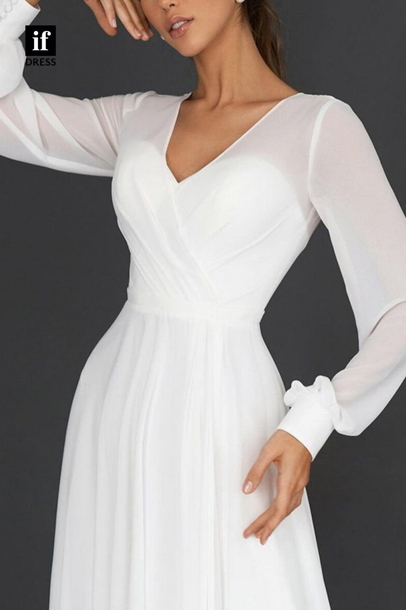 71099 - Simple A-LIne Ruched V-Neck Long Slkeeves Chiffon Wedding Dress