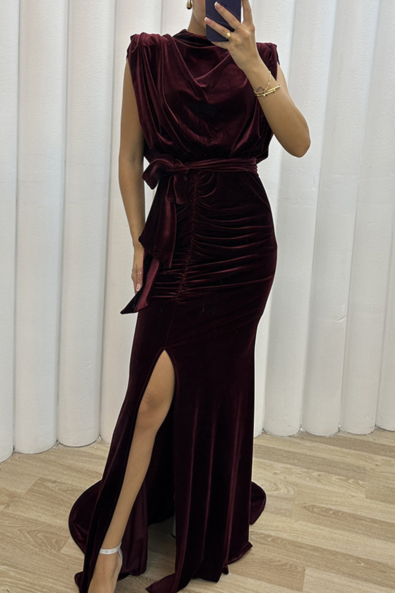 Celebrities Elegant Solid Slit Asymmetrical O Neck Evening Dress Dresses - View 5 | VelvetHem