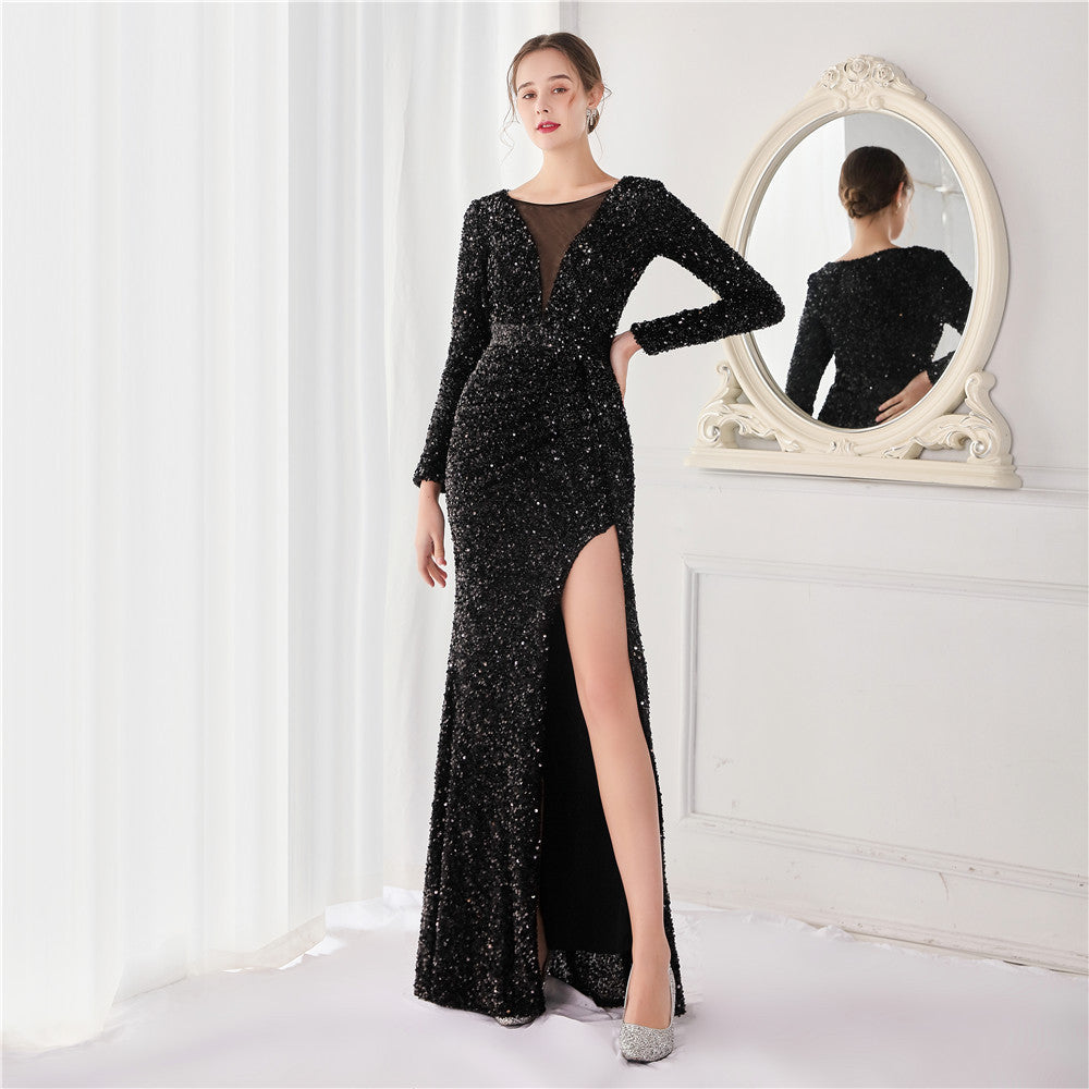 Cocktail Elegant Long Sleeve Sequined Fishtail Evening Dress - View 3 | VelvetHem