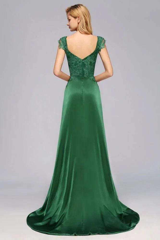 Cap Sleeve aline appliques Bridesmaid Dress Green Side Split Wedding Party Dress with Sweep Train (ZD13122)
