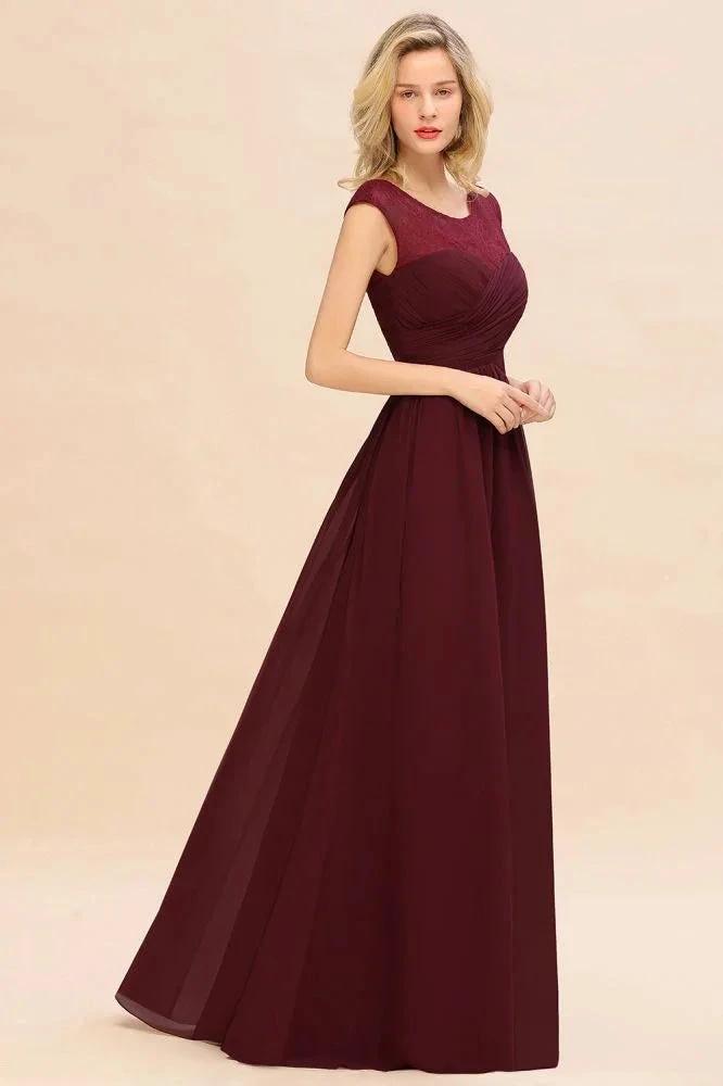 Cap Sleeve Burgundy Evening Maxi Gown Chiffon Floor Length Bridesmaid Dress (ZD12985)