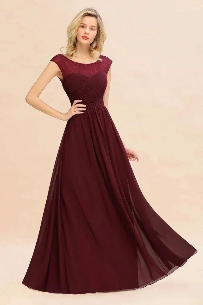 Cap Sleeve Burgundy Evening Maxi Gown Chiffon Floor Length Bridesmaid Dress (ZD12985)
