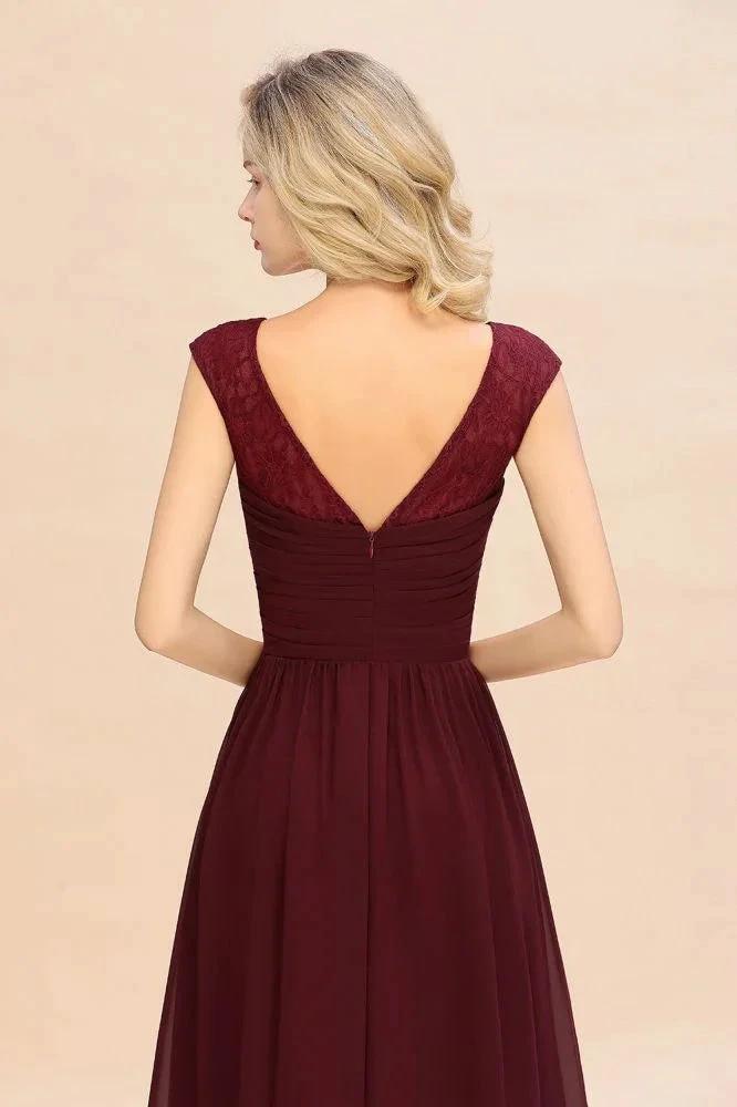 Cap Sleeve Burgundy Evening Maxi Gown Chiffon Floor Length Bridesmaid Dress (ZD12985)