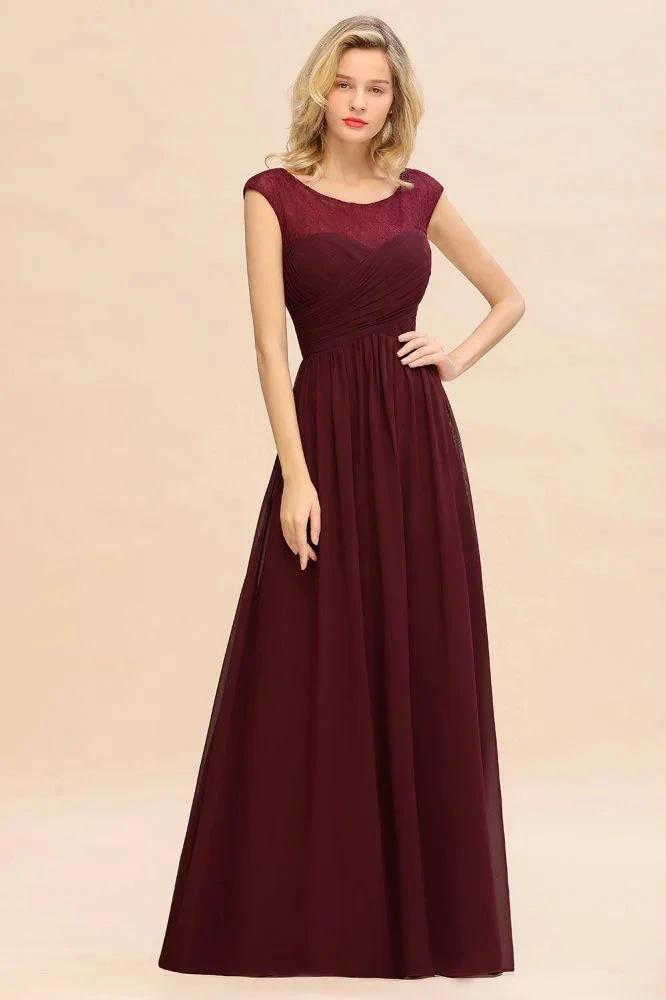 Cap Sleeve Burgundy Evening Maxi Gown Chiffon Floor Length Bridesmaid Dress by misshow.com