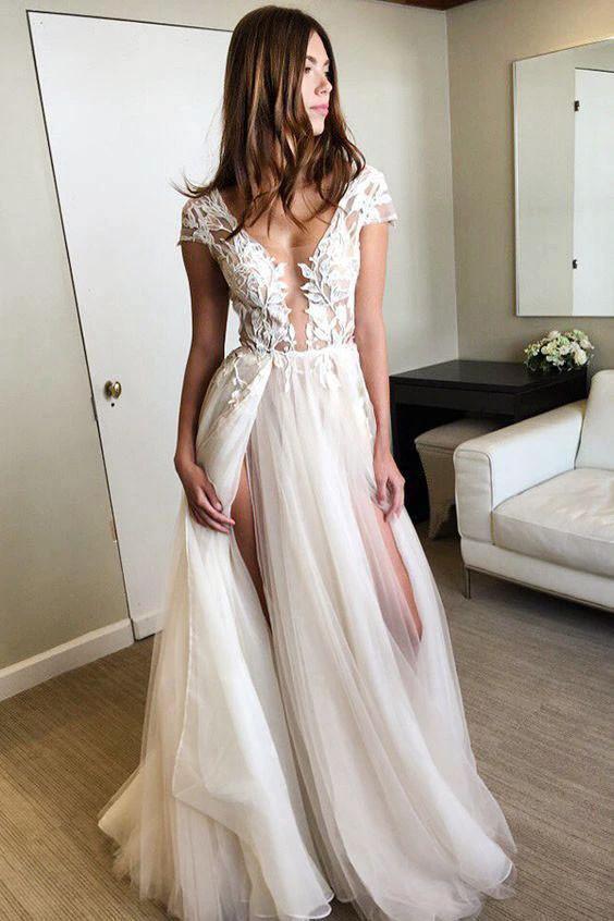Cap Sleeve Deep V-neck Prom Dress With Appliques Sexy Split Wedding Dresses PG902 by pgmdress