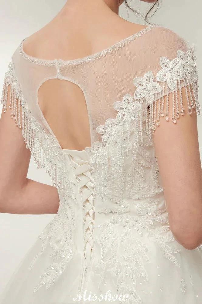 Cap Sleeves A-line Scoop Floor Length Lace Appliques Wedding Dresses (ZD13956)