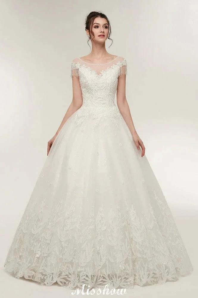 Cap Sleeves A-line Scoop Floor Length Lace Appliques Wedding Dresses (ZD13956)