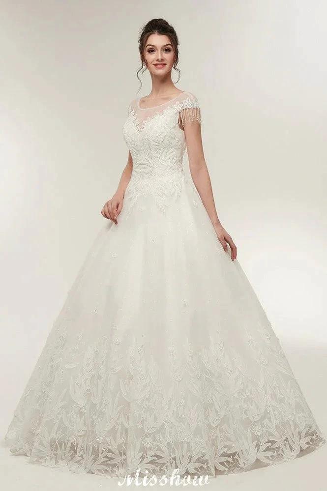 Cap Sleeves A-line Scoop Floor Length Lace Appliques Wedding Dresses (ZD13956)