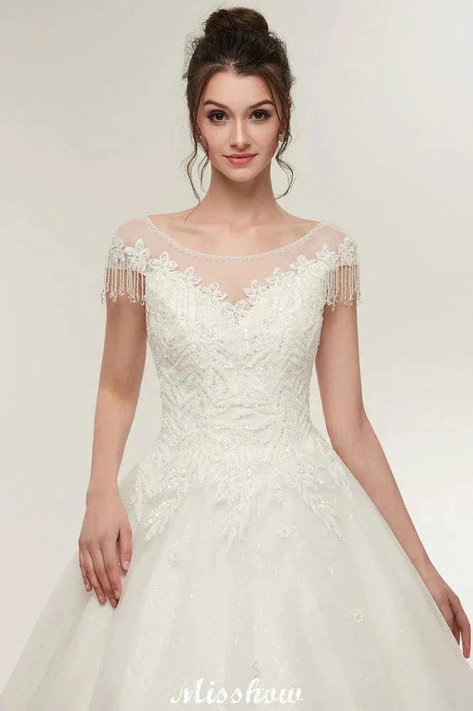Cap Sleeves A-line Scoop Floor Length Lace Appliques Wedding Dresses (ZD13956)