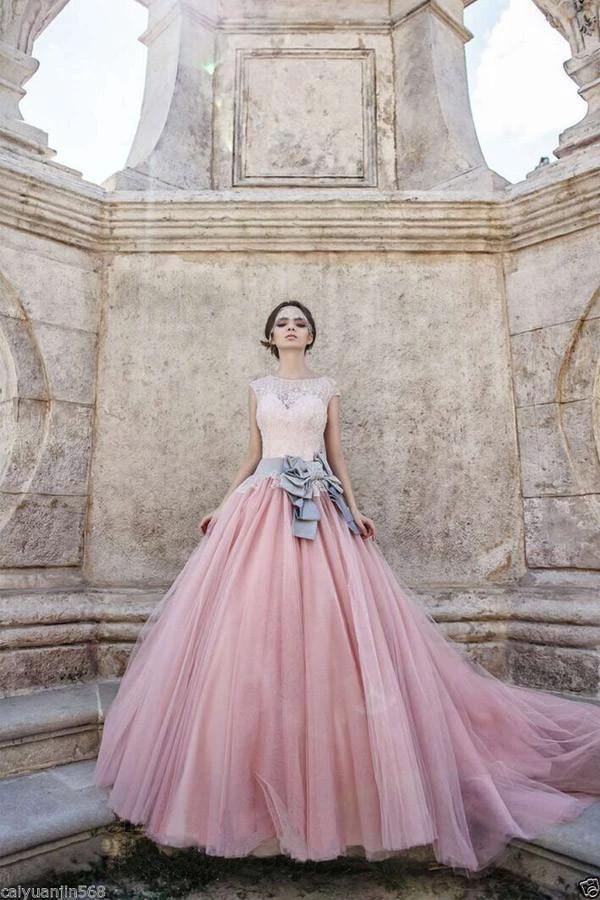 Cap Sleeves Ball-Gown Lace Bowknot Pink Tulle Wedding Dresses (ZD15480)