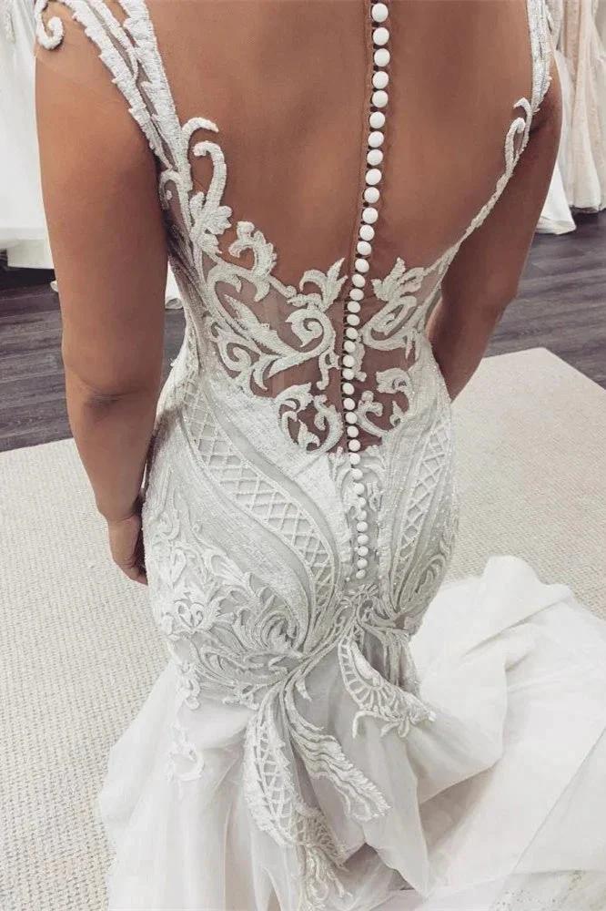 Cap Sleeves Lace Mermaid Wedding Dress (ZD13815)