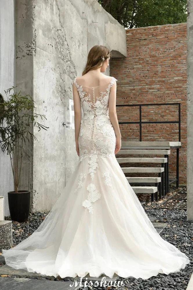 Cap Sleeves Lace Mermaid Wedding Dress White/Ivory Floral Garden Bridal Gown (ZD13965)