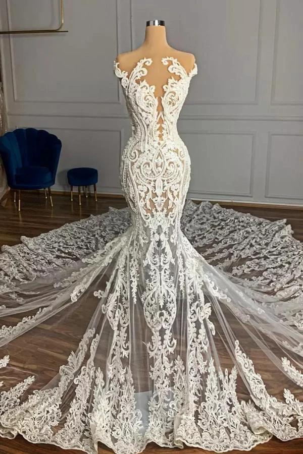 Luxury Mermaid Jewel Neck Tulle Long Beading Wedding Dress with Appliques Lace (ZD14479)
