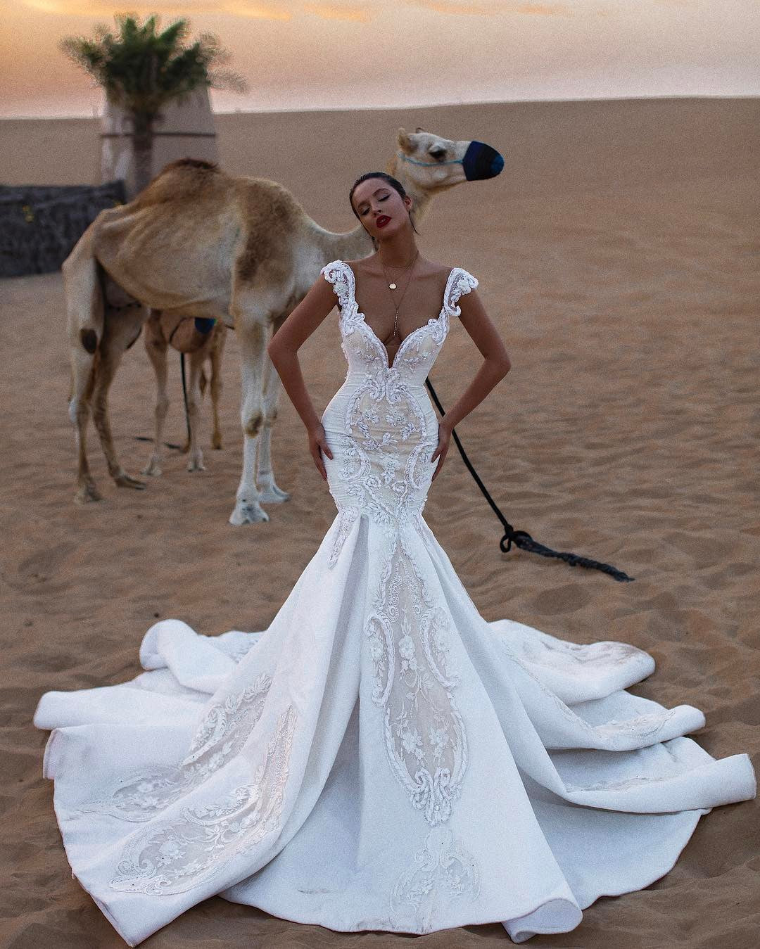 Cap Sleeves Mermaid Lace Wedding Dress V-Neck Long (ZD17535) - View 2 | VelvetHem