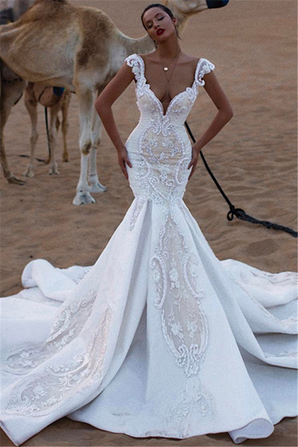 Cap Sleeves Mermaid Lace Wedding Dress V-Neck Long (ZD17535)