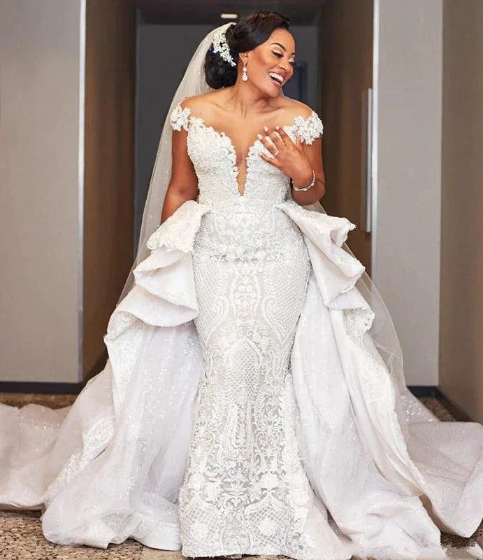 Cap Sleeves Mermaid Long Wedding Dress with Ruffles Overskirt (ZD13804)