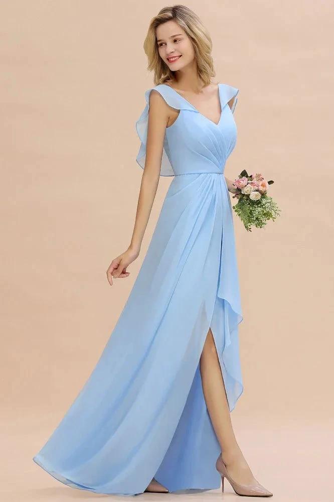 Cap Sleeves Ruffle Chiffon Hi-Lo Bridesmaid Dress A-line Wedding Party Dress (ZD13152)