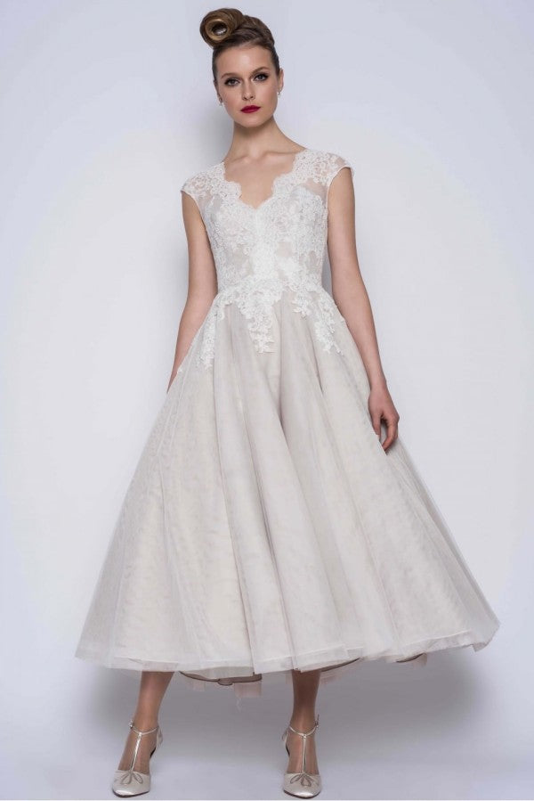 Cap sleeves V-Neck Princess Short Ankle length Wedding Dress