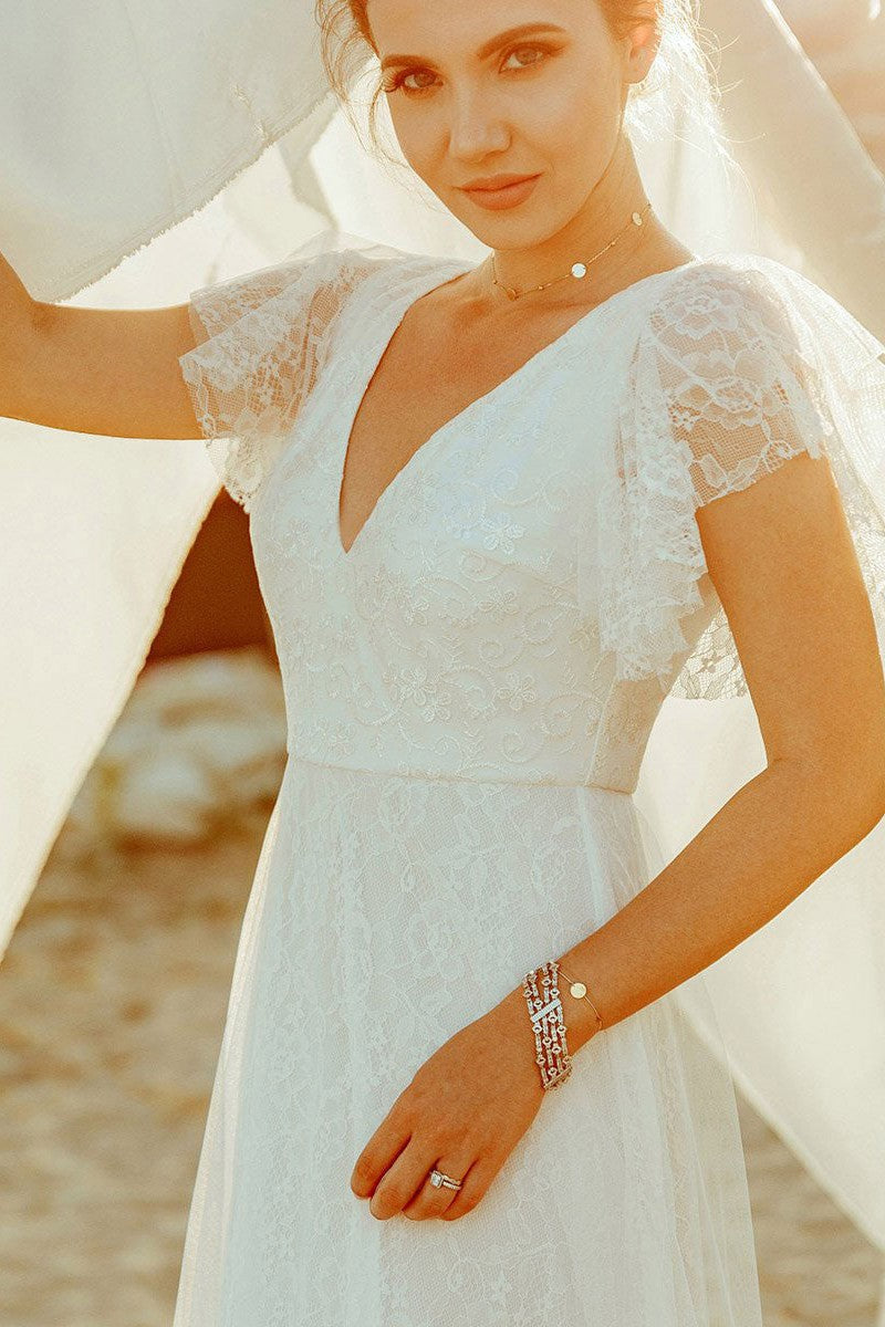 Casual Wedding Dress A Lne Chic V-Neck Short Sleeve Long Tulle Beach Wedding Party Dresses Bridal Gowns