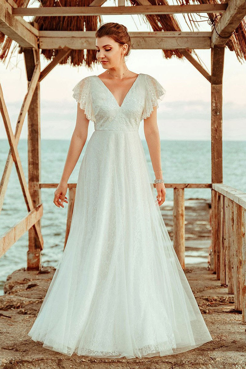 Casual Wedding Dress A Lne Chic V-Neck Short Sleeve Long Tulle Beach Wedding Party Dresses Bridal Gowns