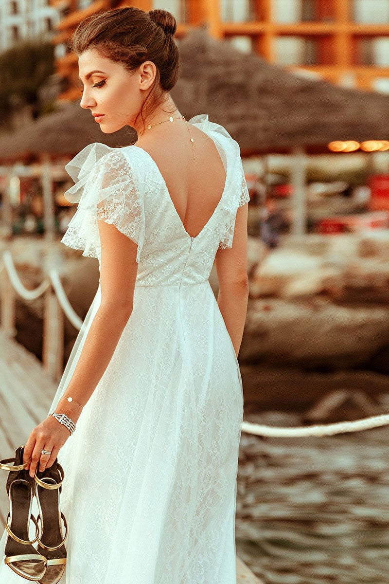 Casual Wedding Dress A Lne Chic V-Neck Short Sleeve Long Tulle Beach Wedding Party Dresses Bridal Gowns