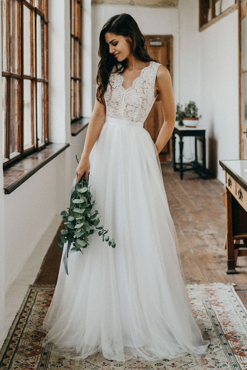 Casual Wedding Dress Tulle A-Line Chic V-Neck Sleeveless Lace Long Bridal Gowns