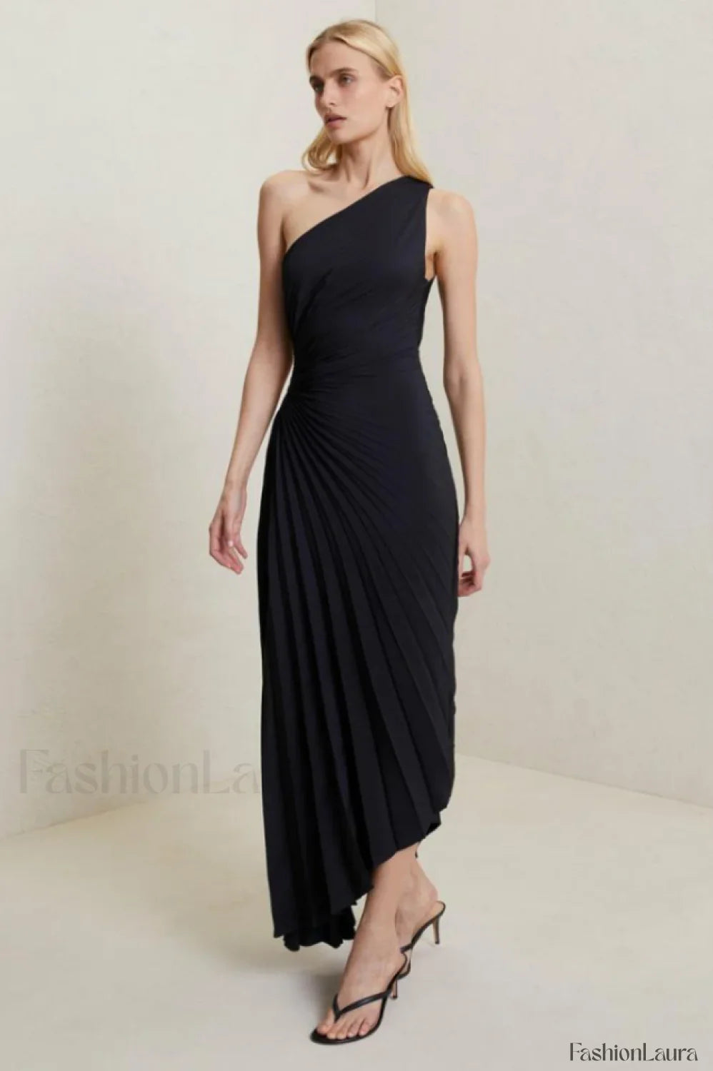 Catalina One Shoulder Charming Pleated Satin Maxi Dress