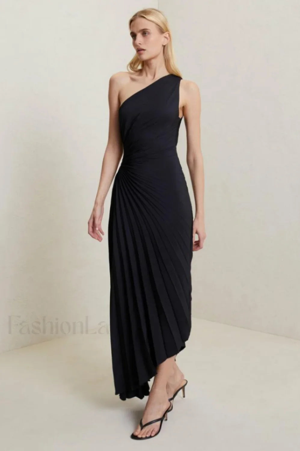 Catalina One Shoulder Charming Pleated Satin Maxi Dress