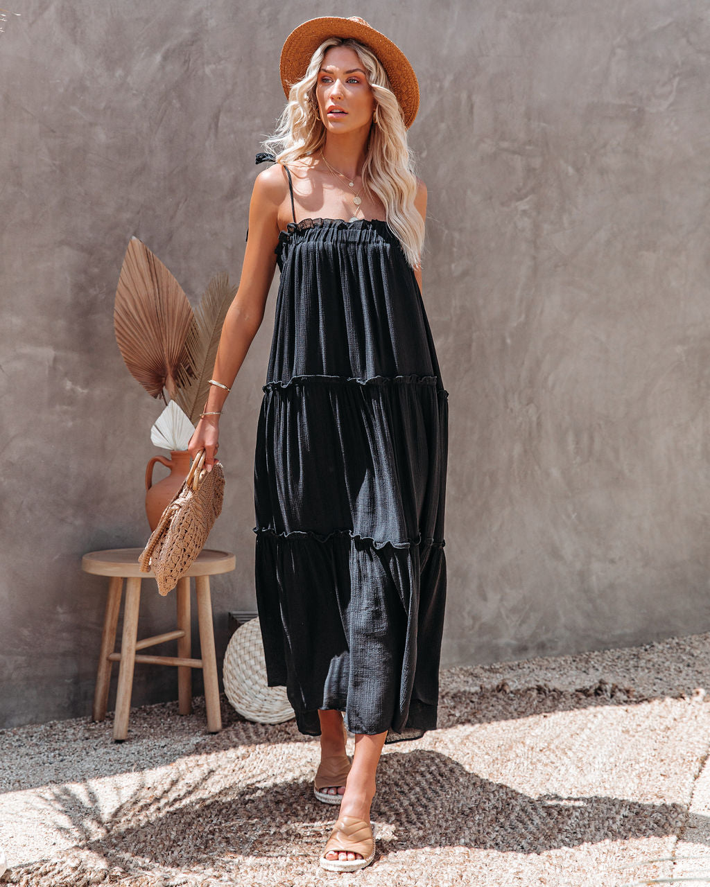 Catch The Sun Tiered Midi Dress Black