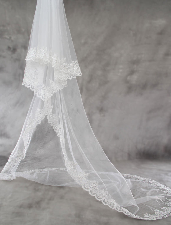 Cathedral White Lace Applique Edge Tulle Wedding Veil
