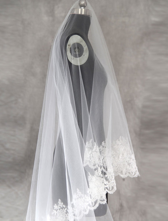 Cathedral White Lace Applique Edge Tulle Wedding Veil
