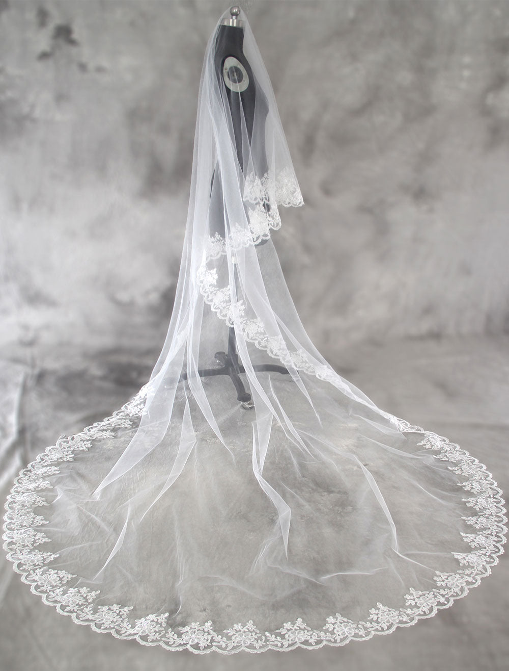 Cathedral White Lace Applique Edge Tulle Wedding Veil