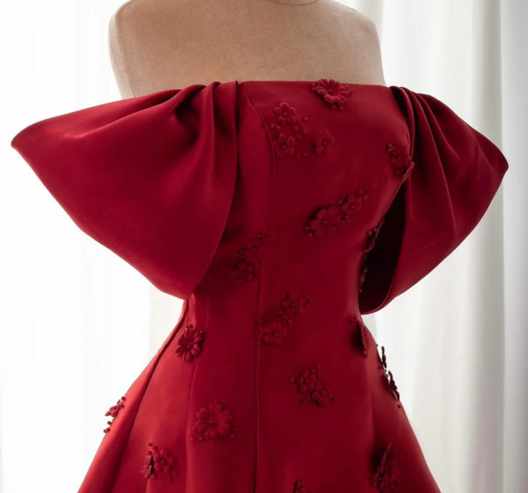 Burgundy Off-the-Shoulder Satin Appliques Evening Dress Classy Mermaid Party Dress - View 3 | FashionDia
