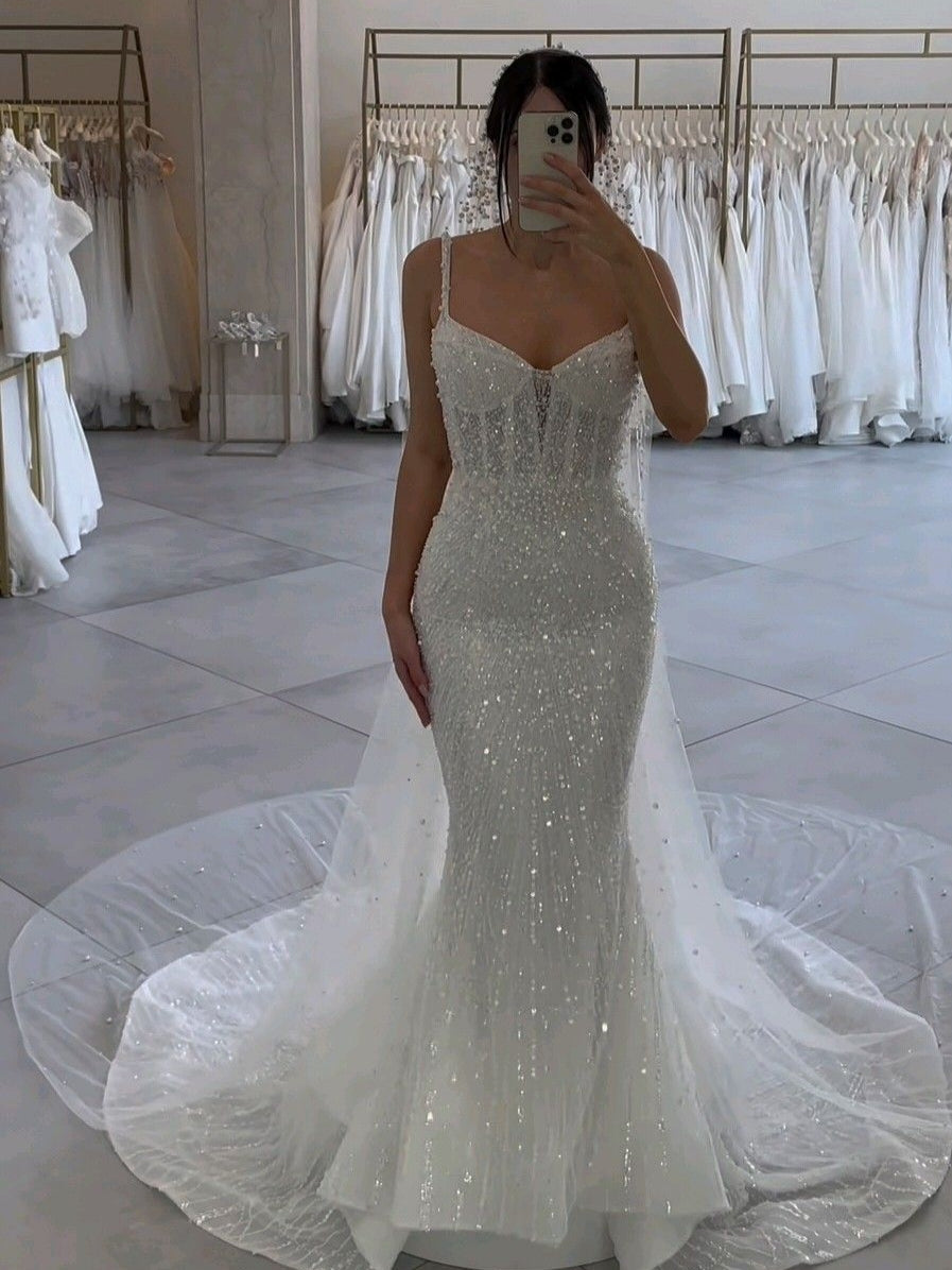 Spaghetti Strap Sweetheart Fully Beaded Mermaid Wedding Dress With Tulle Train - VelvetHem