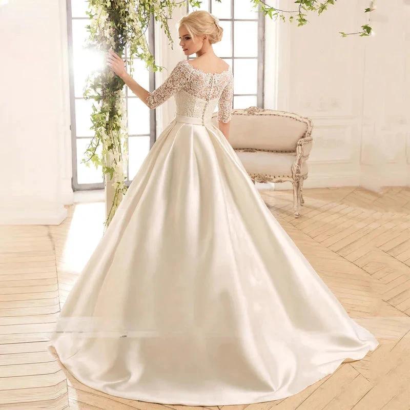 Elegant Lace Wedding Dresses For Women Half Sleevess Bride With Belt Bow Vestidos De Novia Boda Suknia Ślubna Robe Mariée (ZD13364)
