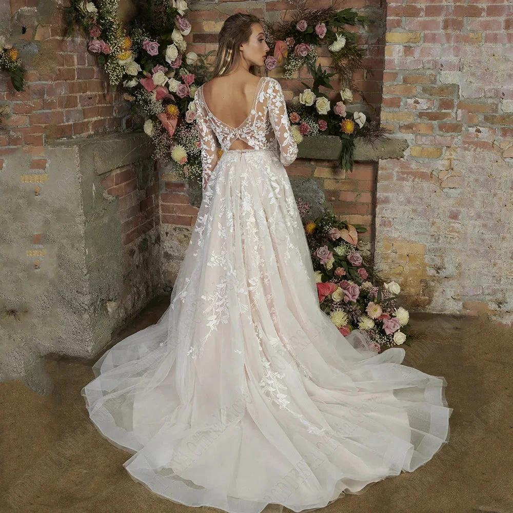 Light Champagne Modern Wedding Dresses Backless Applique Bride Gowns A-Line Tulle V-Neck Long Sleeves vestido de noiva (ZD13386)