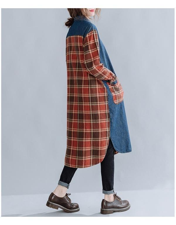 long sleeve plus size cotton denim vintage plaid women casual loose midi autumn shirt dress