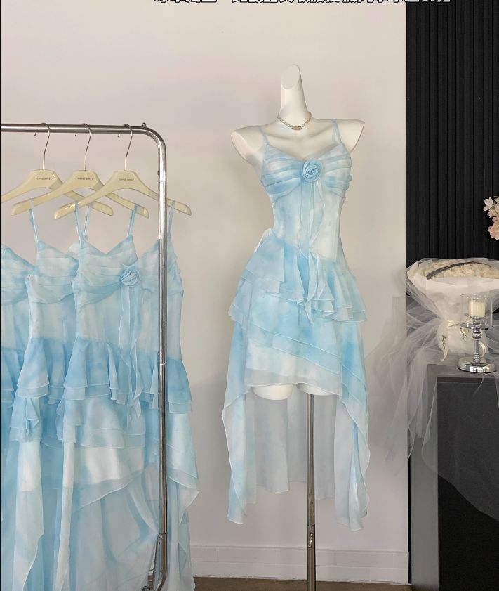 Beautiful High Low Spaghetti Straps Ice Blue Ombre Chiffon Prom Dress Party Dress