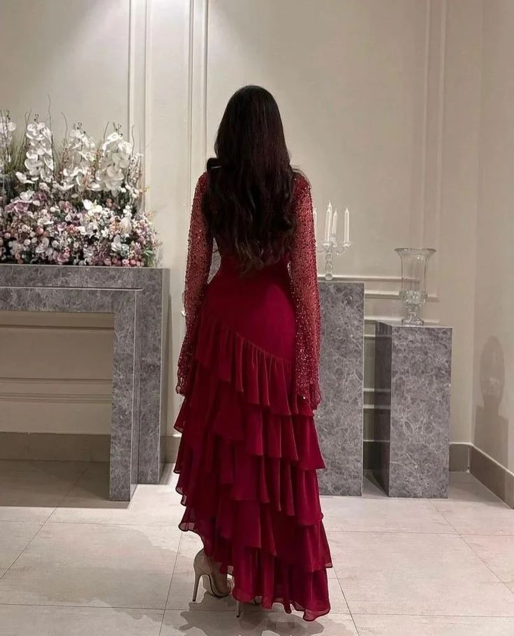 Women's Sequin Prom Dress Chiffon Tiered Burgundy Evening Dress Y7616 - View 4 | VelvetHem