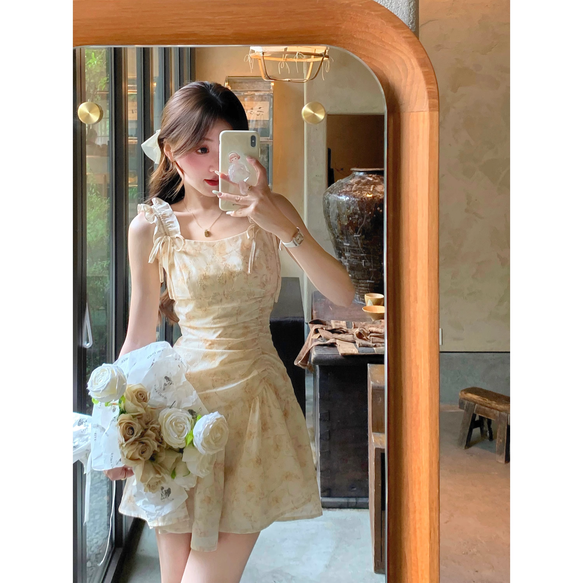 French-style yellow floral dress A40 - VelvetHem