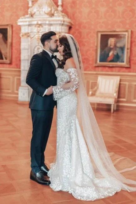 Exquisite Long Mermaid Off-the-shoulder Lace Wedding Dress with Long Sleeves (ZD15552)