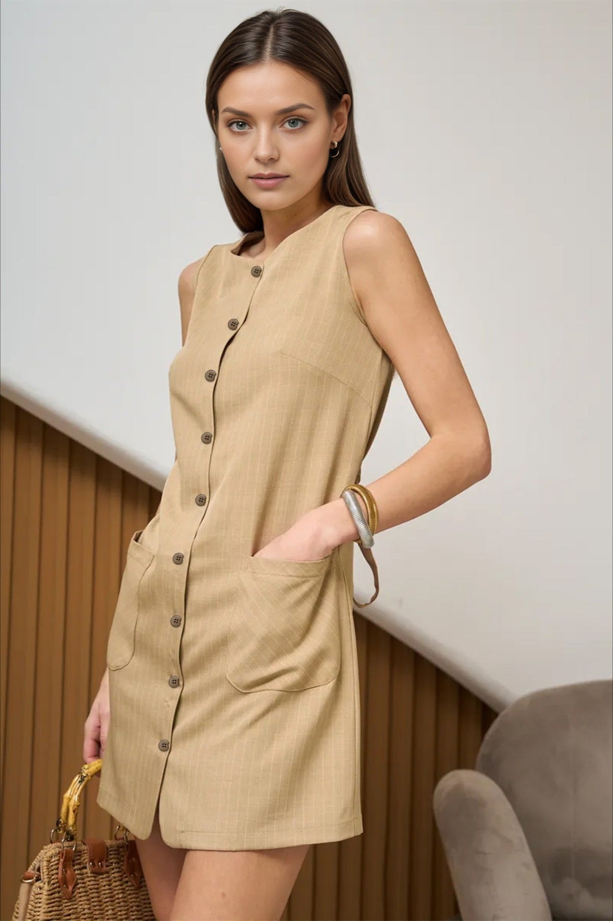 Sleeveless Button Front Tie Work Dress - View 3 | VelvetHem