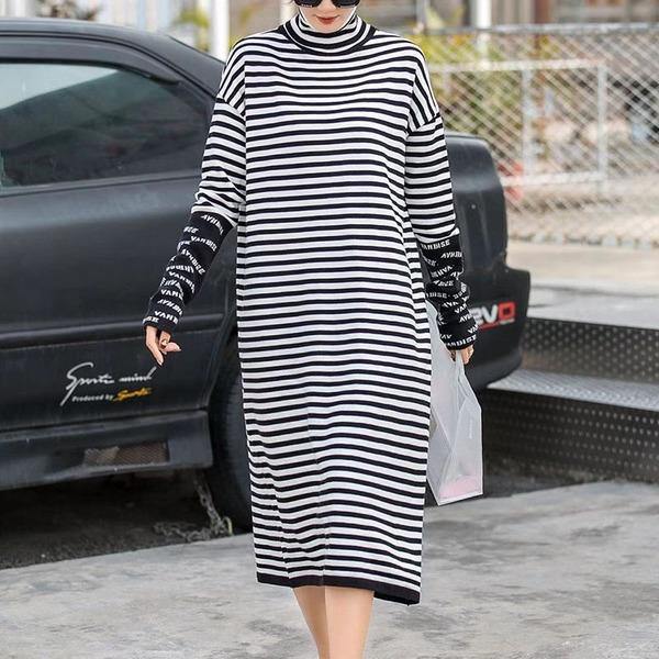 Loose Turtleneck Striped Pleated Winter Minority Elegant Style Dress