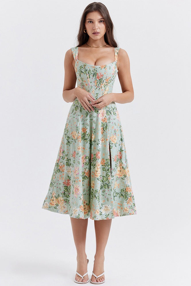 Floral Boned Spaghetti Strap Party Dress - View 6 | VelvetHem