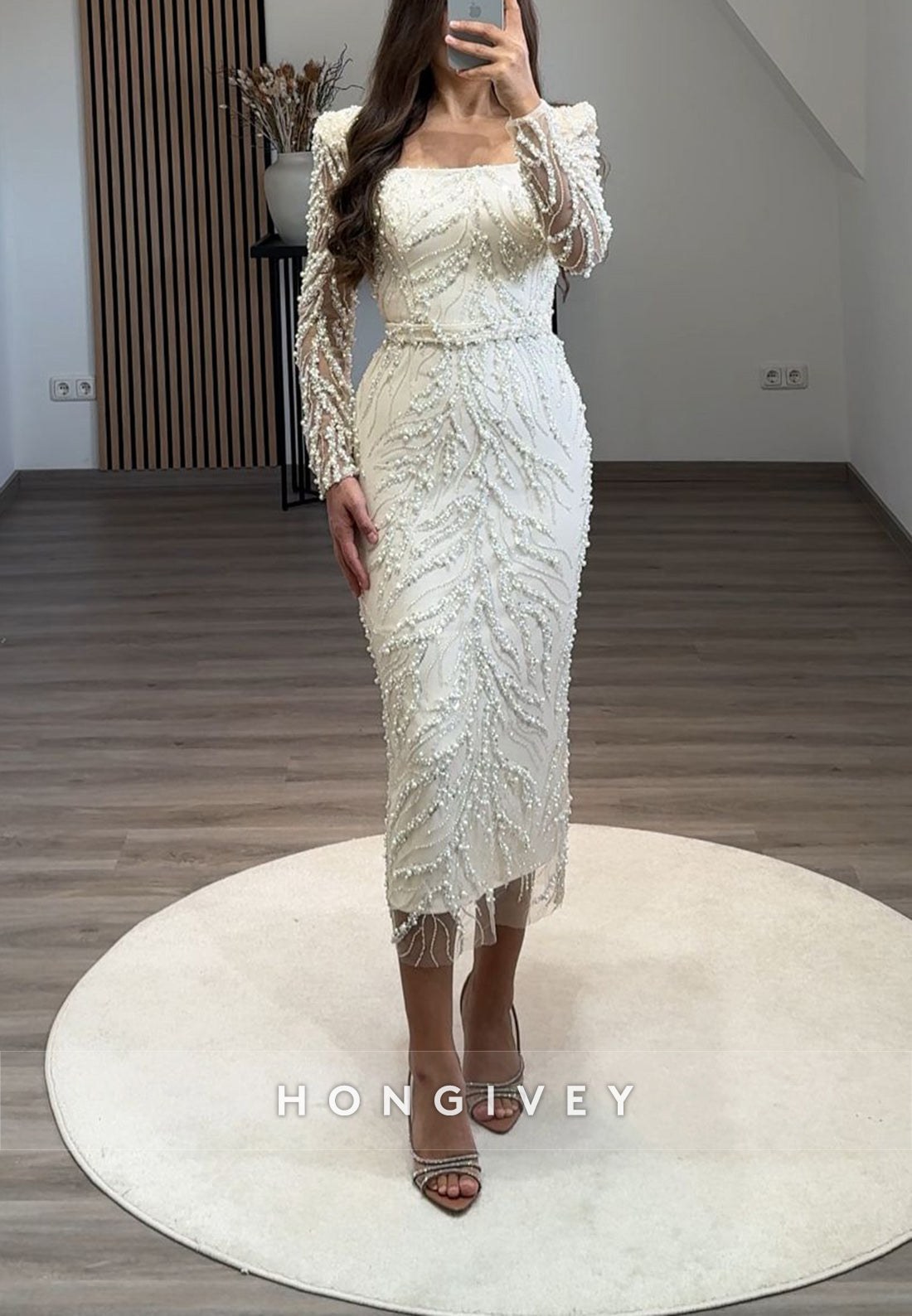 Tea-Length Square Beading Long Sleeve Formal Dresses