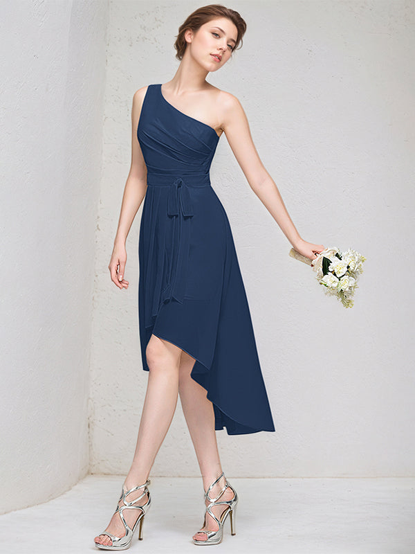 Dark Navy A Line One Shoulder Sleeveless Asymmetrical Chiffon Bridesmaid Dress