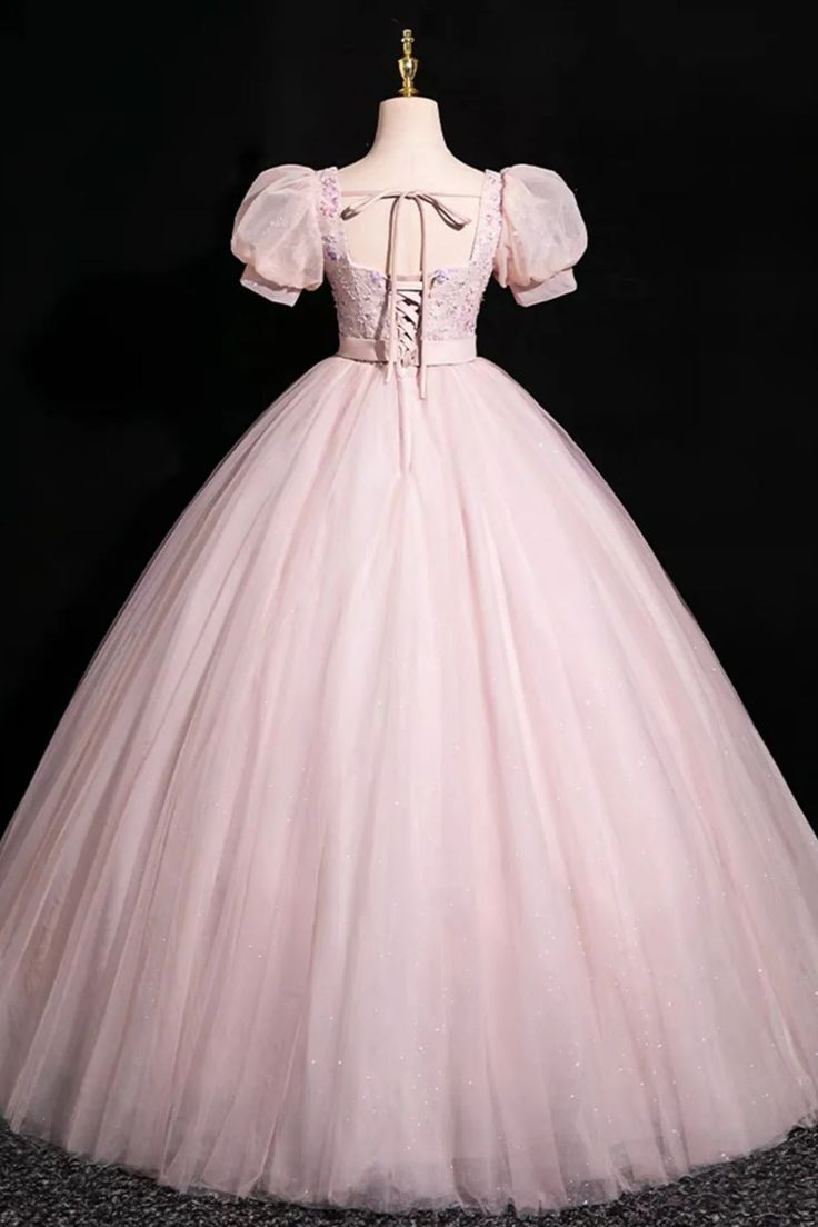 Pink Short Sleeves Floor-Length Tulle Long Prom Dress, Long Pink Tulle Formal Evening Dress - View 3 | FashionDia