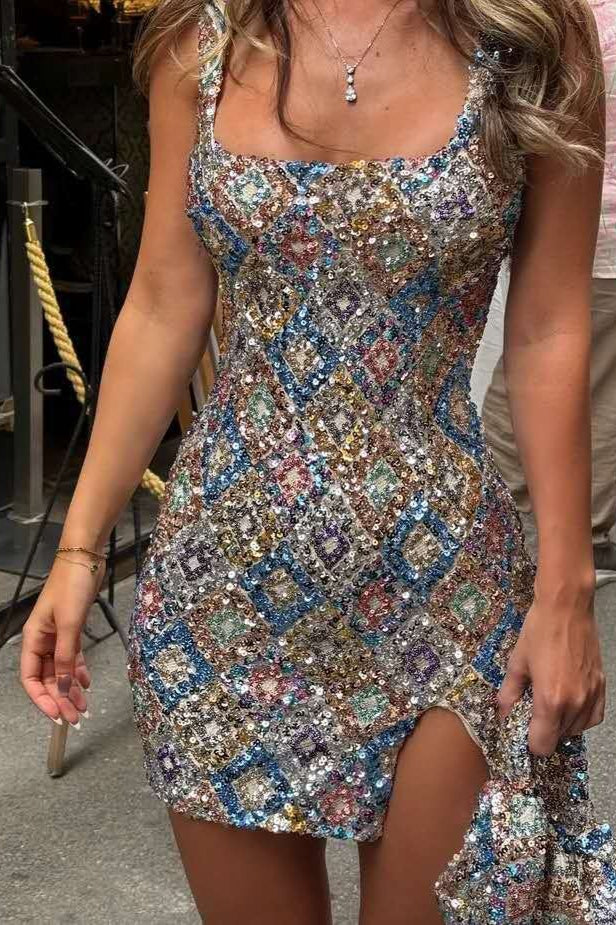 Chic Colorful Rhombus-Pattern Sequin Split Bodycon Sequin Dress - View 5 | VelvetHem