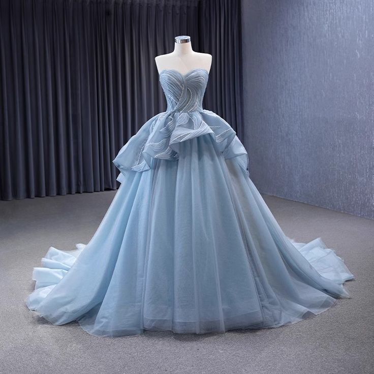 High-End Blue Beading Tulle Cascading Ruffles Prom Dress New Ball Gown